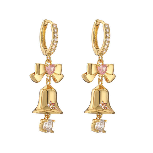 Delicate diamond chrismtas tree bell design gold plated copper huggie earrings