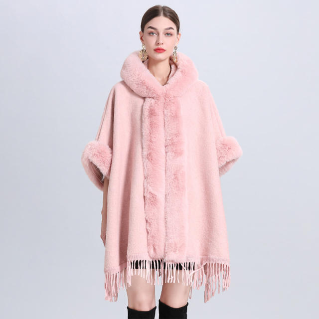 Warm winter fluffy collar loose design women shawl coat