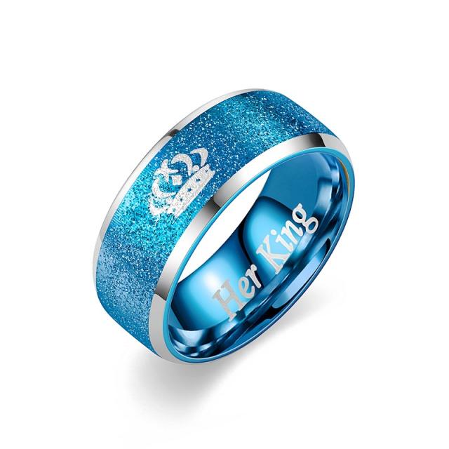 Her king his queen crown stainless steel couple rings blue color rings
