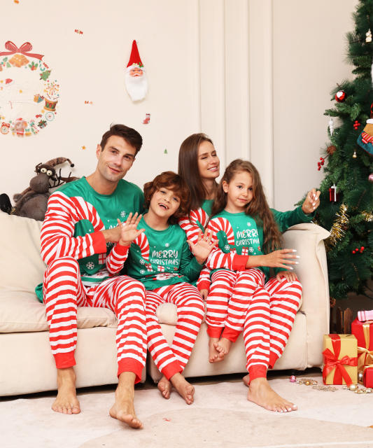Cute green striped pattern family christmas pajamas