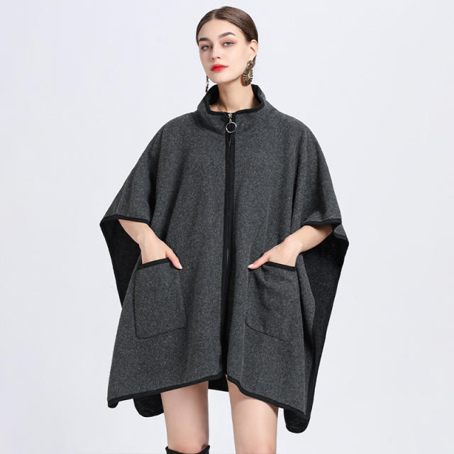 Elegant plain color loose zipper shawl coat for women