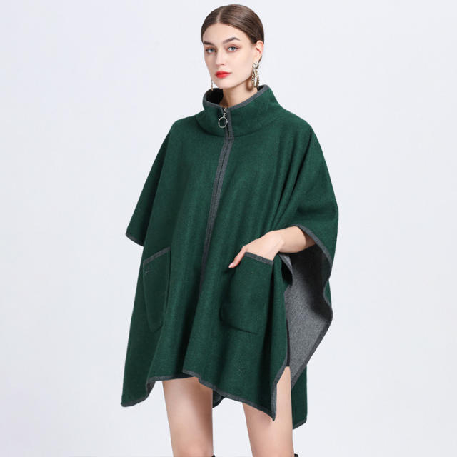 Elegant plain color loose zipper shawl coat for women