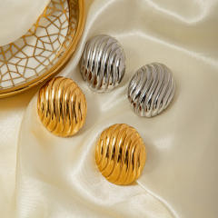 18KG oval shape striped pattern stainless steel earrings
