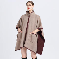 Elegant plain color loose zipper shawl coat for women