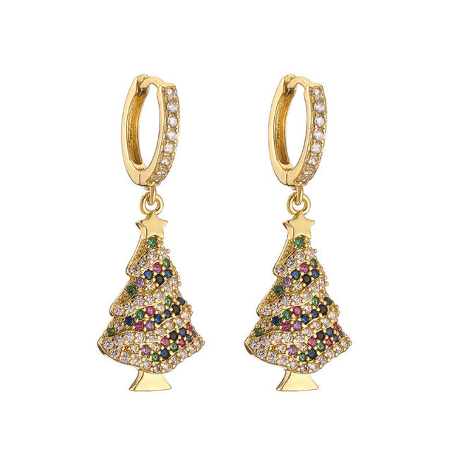 Delicate diamond chrismtas tree bell design gold plated copper huggie earrings