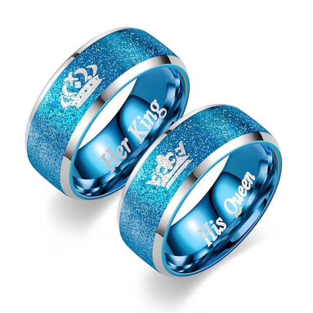 Her king his queen crown stainless steel couple rings blue color rings