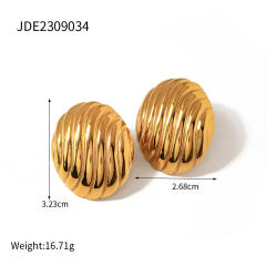 18KG oval shape striped pattern stainless steel earrings