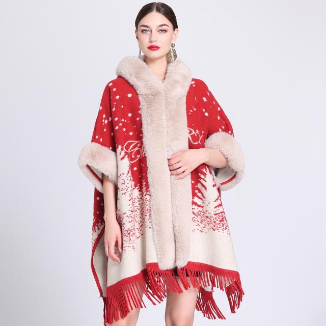 Warm winter fluffy collar loose design women shawl coat