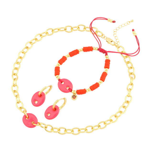 Y2K colorful enamel coffee bean copper chain necklace bracelet set