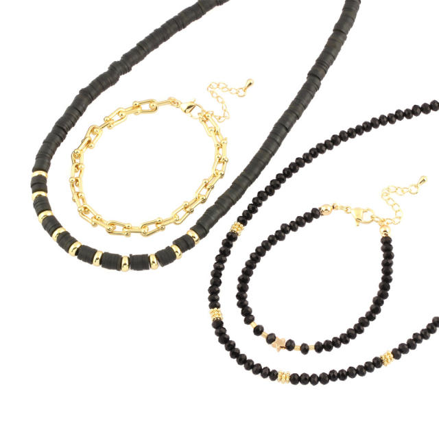 Vintage black color agate bead gold plated copper chain necklace bracelet set