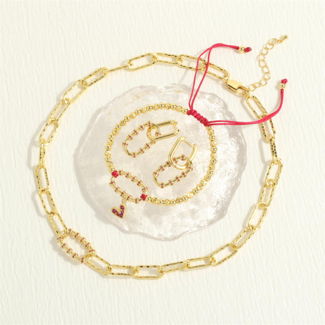 Vintage diamond safety buckle tiny heart pendant copper chain necklace bracelet set