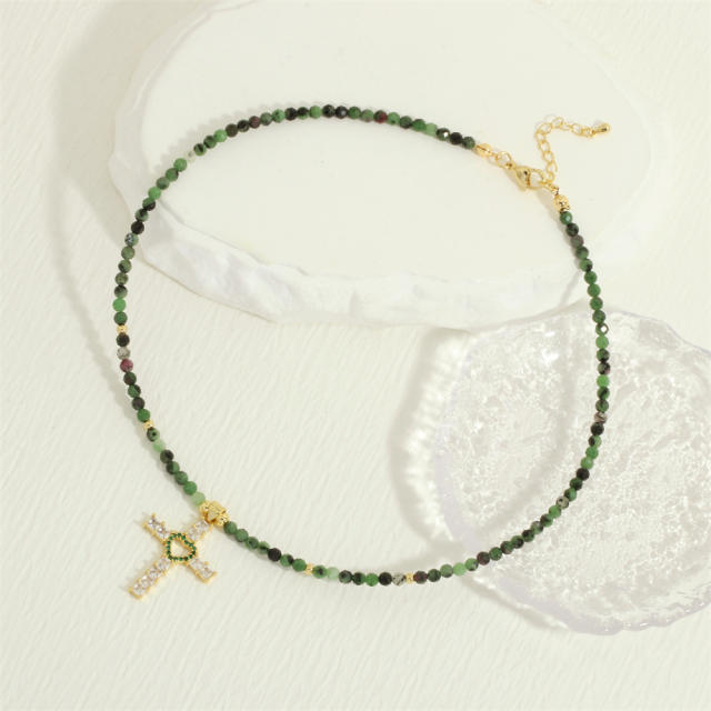 Boho green color bead diamond cross pendant necklace earrings set