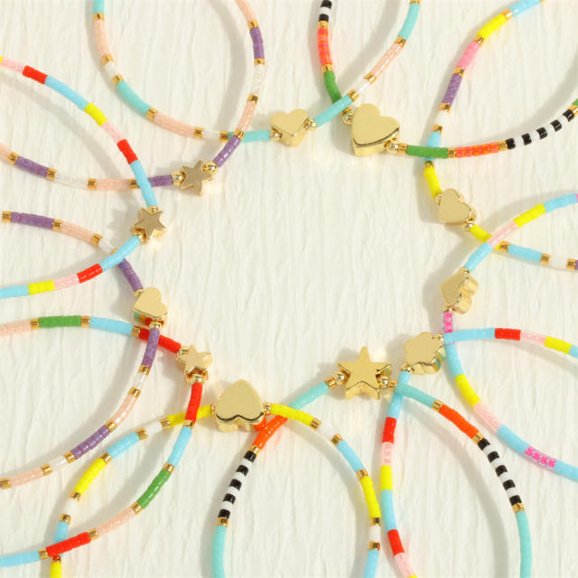 Boho colorful seed bead gold plated copper star heart friendship bracelet