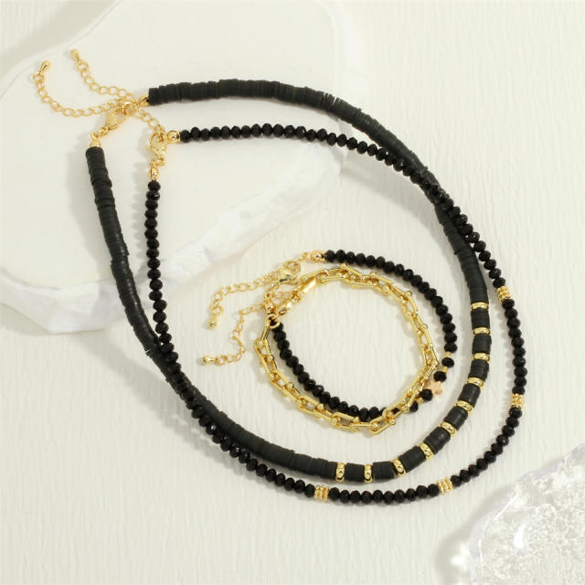 Vintage black color agate bead gold plated copper chain necklace bracelet set