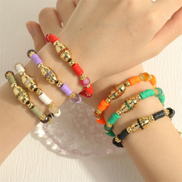 Boho colorful clay bead gold plated copper bead adjustable bracelet