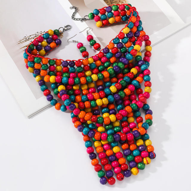Africa trend colorful wood bead tassel necklace for women