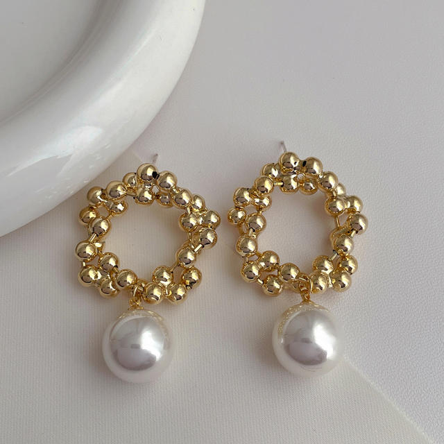 Vintage gold plated copper bead circle pearl drop women earrings
