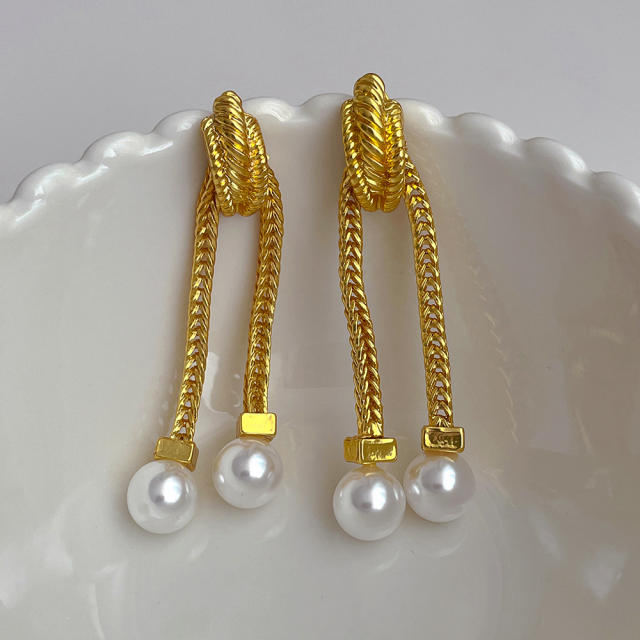 Vintage gold plated copper chain tassel pearl bead women earrings