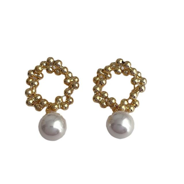 Vintage gold plated copper bead circle pearl drop women earrings