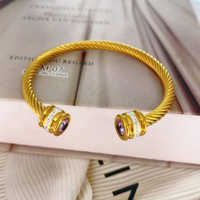 Elegant gold silver color wireless stainless steel cuff bangle with color cubic zircon
