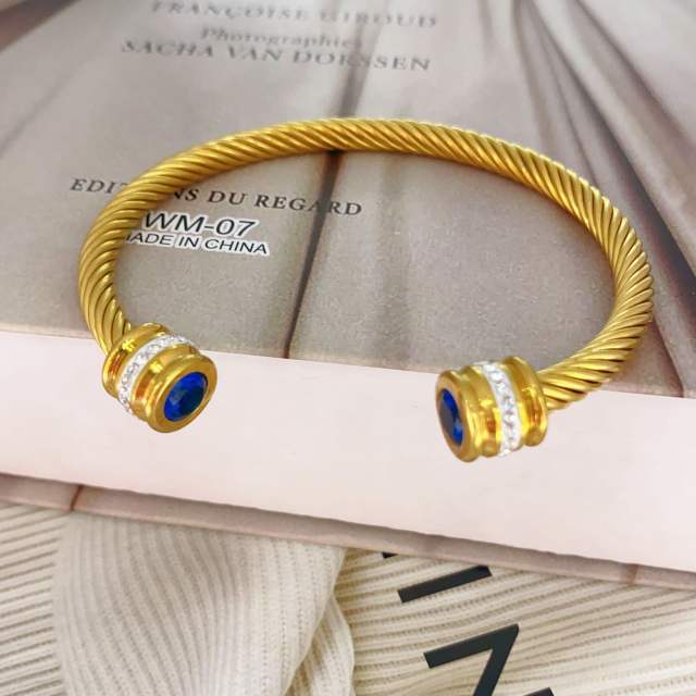 Elegant gold silver color wireless stainless steel cuff bangle with color cubic zircon