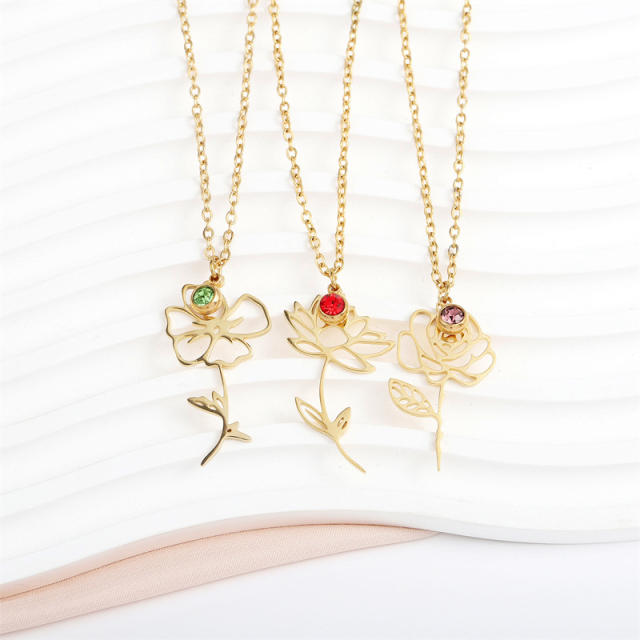 Dainty stainless steel birth flower pendant necklace birthstone necklace