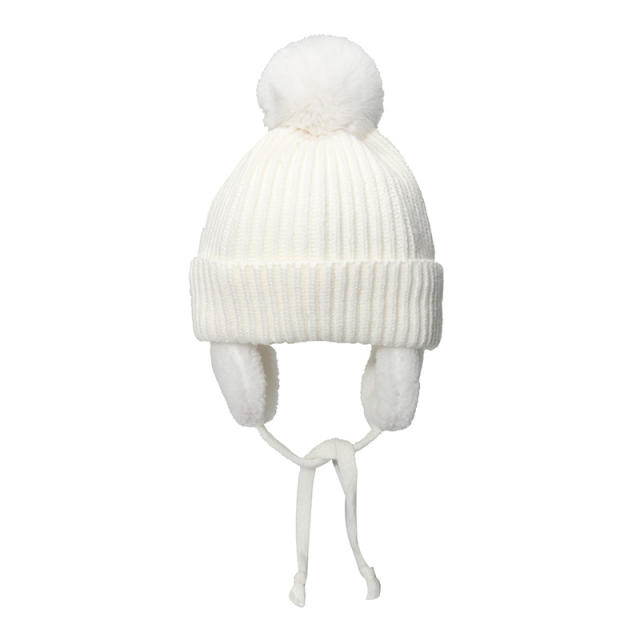 Winter plain color knitted benie cap with ear warmer for kids