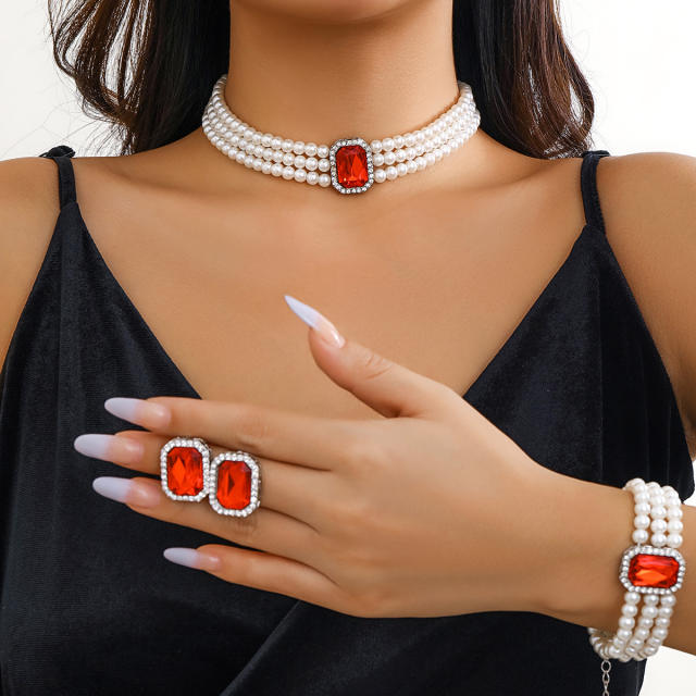 Vintage imitation pearl turquoise bead choker necklace set