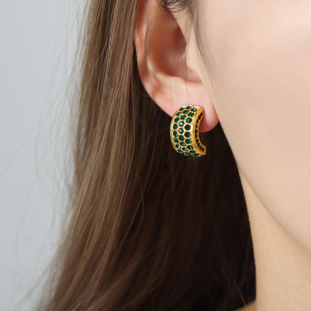 18KG luxury pave setting green color cubic zircon chunky stainless steel earrings
