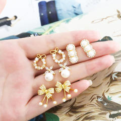 18K gold plated copper pearl bead cute bow easy match studs earrings