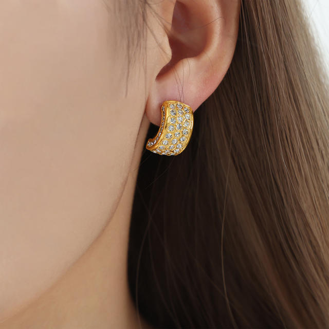18KG luxury pave setting green color cubic zircon chunky stainless steel earrings
