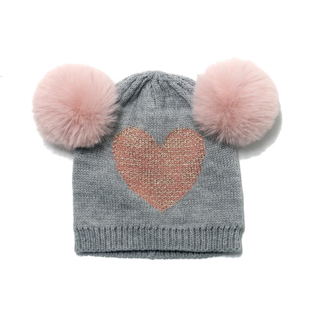 Sweet heart pattern cute fluffy ball knitted benie cap for kids