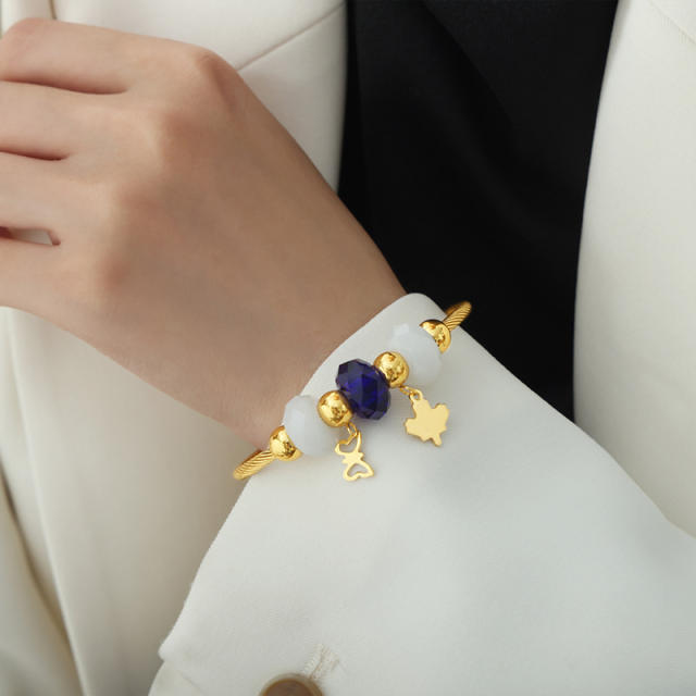 18KG colorful crystal bead music notation charm stainless steel cuff bangle