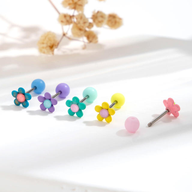 Cute candy color tiny flower stainless steel needle cartilage earrings