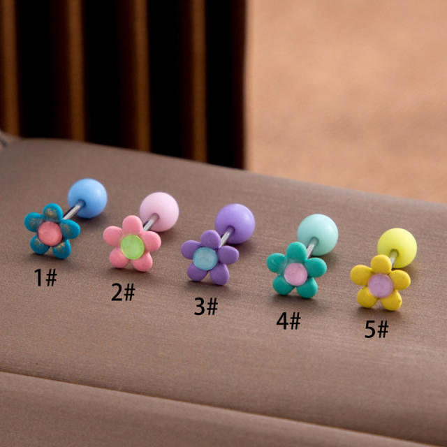 Cute candy color tiny flower stainless steel needle cartilage earrings