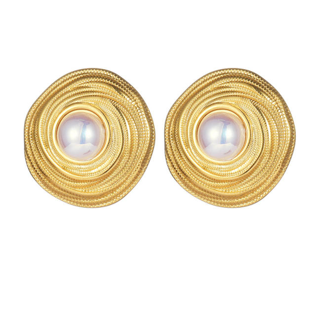 Vintage pearl bead stainless steel round studs earrings