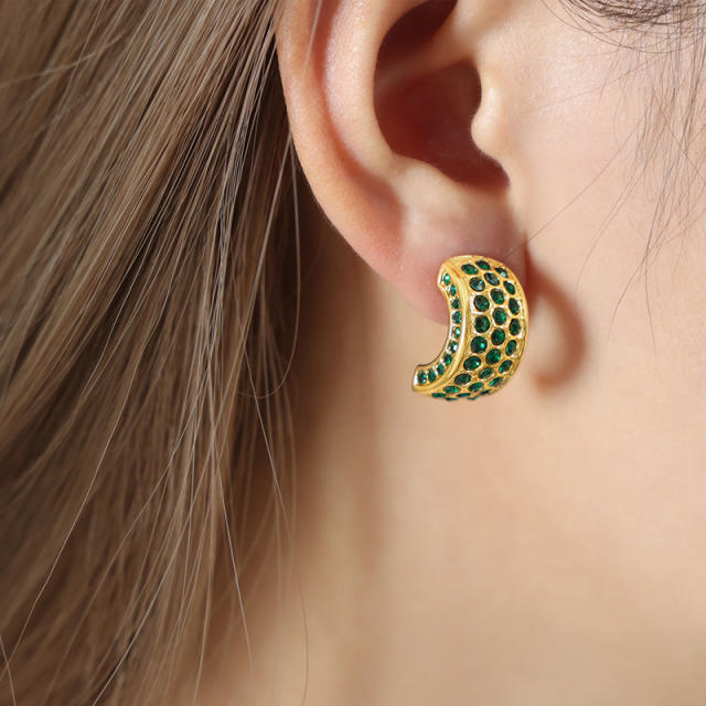 18KG luxury pave setting green color cubic zircon chunky stainless steel earrings