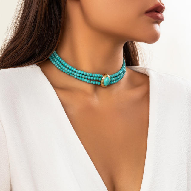 Vintage imitation pearl turquoise bead choker necklace set