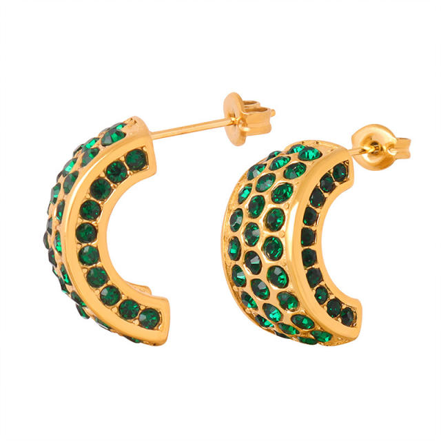 18KG luxury pave setting green color cubic zircon chunky stainless steel earrings