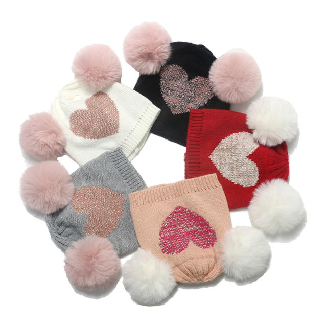 Sweet heart pattern cute fluffy ball knitted benie cap for kids