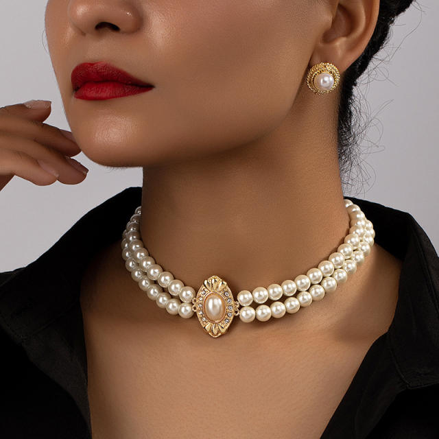 Vintage pearl bead choker necklace set