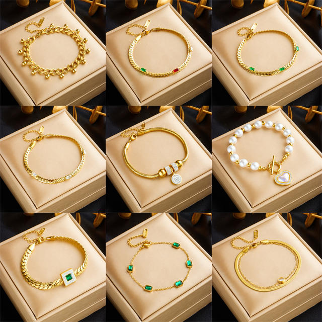 Easy match pearl bead emerald statement stainless steel bracelet