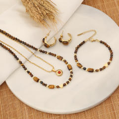 Vintage tiger eye bead stainless steel jewelry set