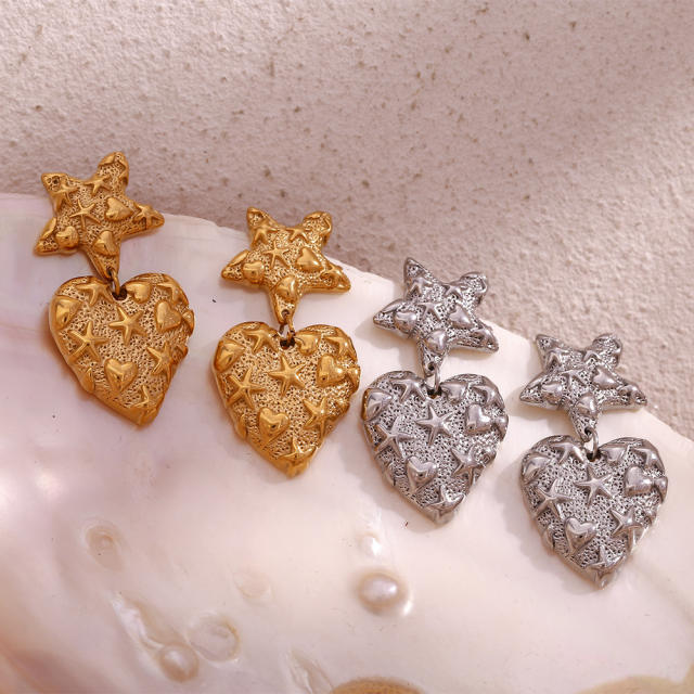 Personality ocean sereis starfish heart lava design stainless steel earrings
