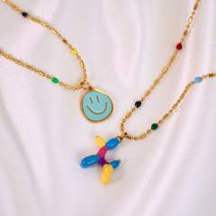 Sweet color enamel smile face coin pendant balloon dog stainless steel necklace