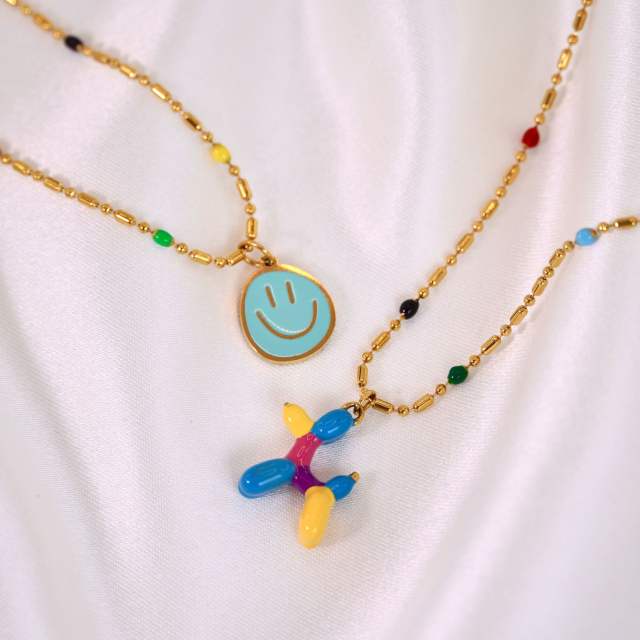 Sweet color enamel smile face coin pendant balloon dog stainless steel necklace