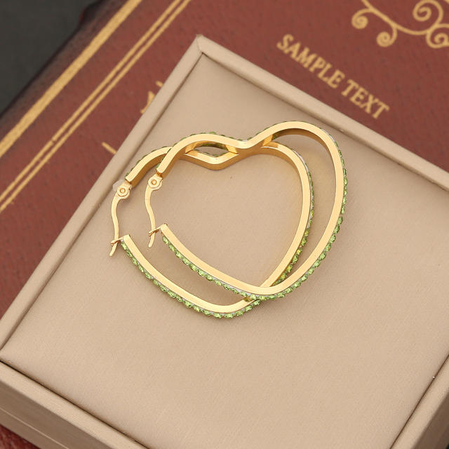 Colorful diamond pave setting geometric heart stainless steel earrings