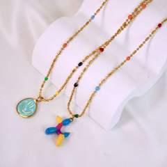 Sweet color enamel smile face coin pendant balloon dog stainless steel necklace