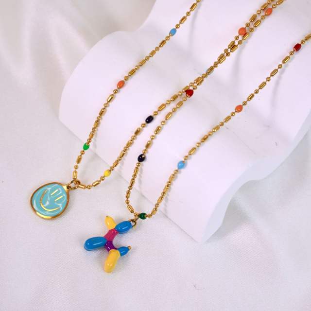 Sweet color enamel smile face coin pendant balloon dog stainless steel necklace