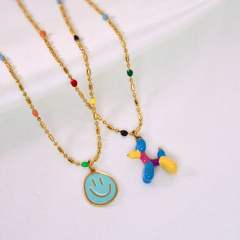 Sweet color enamel smile face coin pendant balloon dog stainless steel necklace